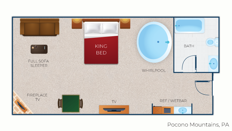 The floor plan for the Whirlpool Fireplace Suite